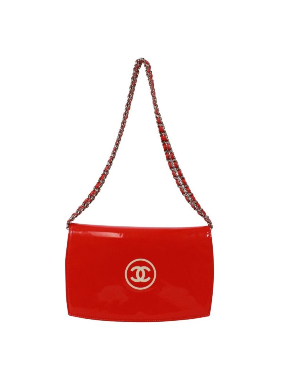 Chanel CC Logo Enamel Leather Red Chain Shoulder Bag Silver